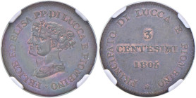 LUCCA Elisa Bonaparte e Felice Baciocchi (1805-1814) 3 Centesimi 1806/5 - Gig. 12 CU NC In slab NGC n° 6643820-004, TOP POP.