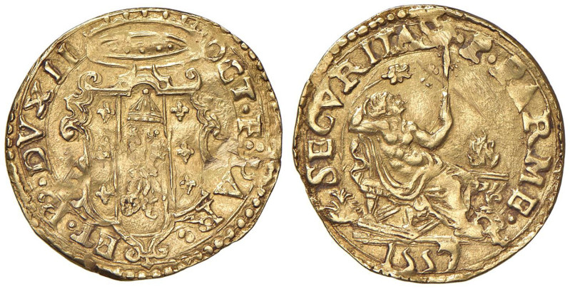 PARMA Ottavio Farnese (1547-1586) Scudo d'oro 1557 - MIR 924/4 AU (g 3,13) RR Le...