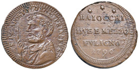 Pio VI (1775-1799) Foligno - 2 Baiocchi e mezzo 1796 - Munt. 328 CU (g 15,48) RRR