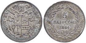 Gregorio XVI (1831-1846) 5 Baiocchi 1844 An. XIV - Munt. 15g AG R Periziata da Numismatica Rollero qFDC.
