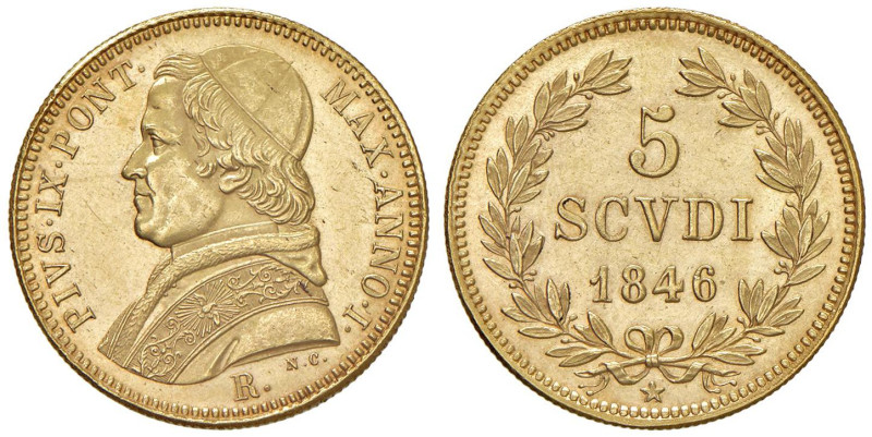 Pio IX (1846-1878) 5 Scudi 1846 An. I - Munt. 3 AU (g 8,67) RR

Status: qFDC