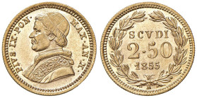 Pio IX (1846-1878) 2,50 Scudi 1855 An. X - Munt. 6e AU (g 4,34) R