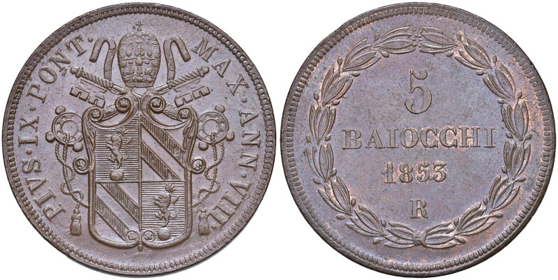 Pio IX (1846-1878) 5 Baiocchi 1853 An. VIII - Munt. 27f CU (g 38,54) Minimo colp...