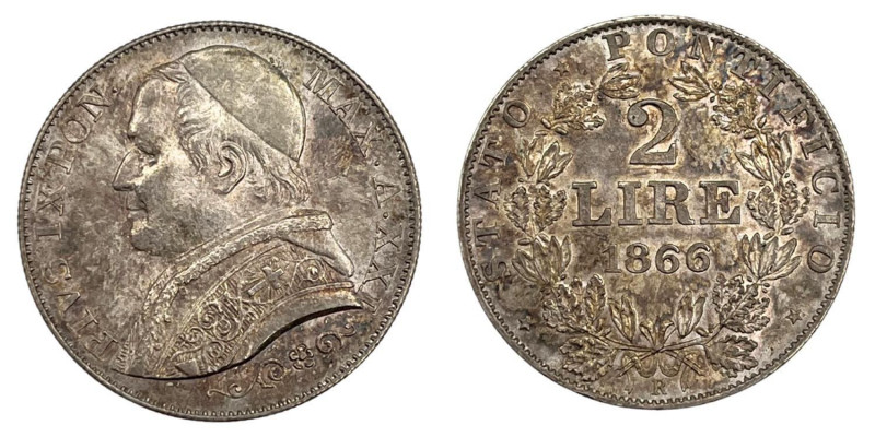 Pio IX (1846-1878) 2 Lire 1866 An. XXI - Munt. 48 AG (g 10,06)

Status: FDC