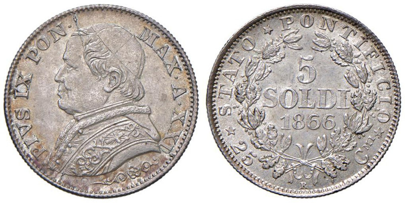 Pio IX (1846-1878) 5 Soldi 1866 An. XXI - Munt. 56 AG (g 2,50) R

Status: FDC