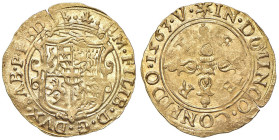Emanuele Filiberto (1553-1580) Scudo d'oro del sole 1563 Vercelli - MIR 496c AU (g 3,31) RR Nella legenda "IN DOMINOO...".