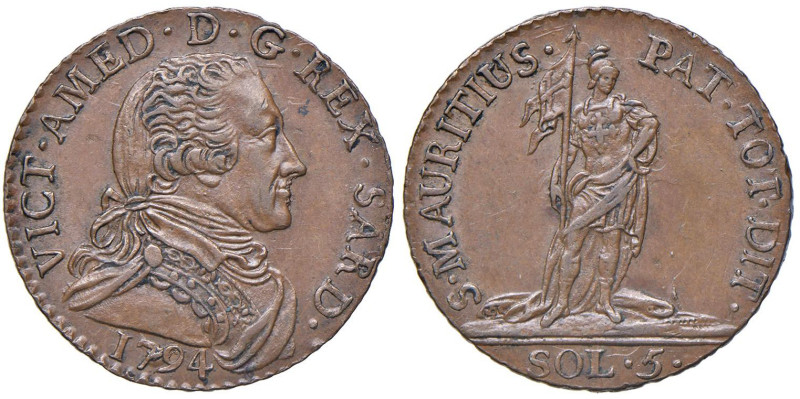 Vittorio Amedeo III (1773-1796) 5 Soldi 1794 - Nomisma 381 CU (g 5,28) 

Statu...