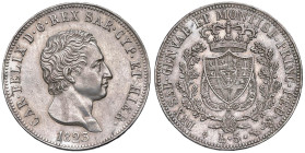 Carlo Felice (1821-1831) 5 Lire 1823 T - Nomisma 559 AG RRR Esemplare di ottima qualità per questo rarissimo millesimo.