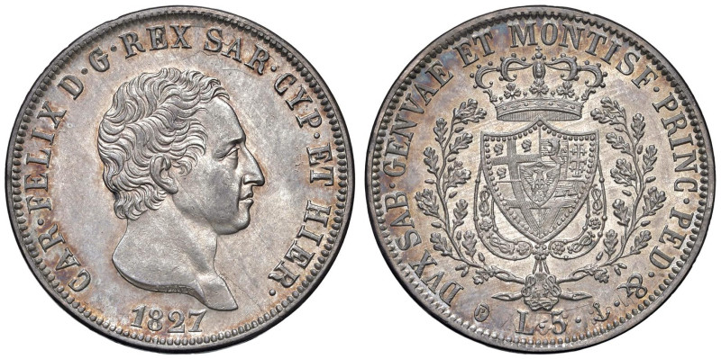 Carlo Felice (1821-1831) 5 Lire 1827 G - Nomisma 566 AG Non circolata e di ottim...