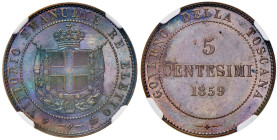 Vittorio Emanuele II re eletto (1859-1861) 5 Centesimi 1859 - Nomisma 837 CU In slab NGC n° 6640864-004.