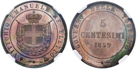 Vittorio Emanuele II re eletto (1859-1861) 5 Centesimi 1859 - Nomisma 837 CU In slab NGC n° 6631828-001, TOP POP.