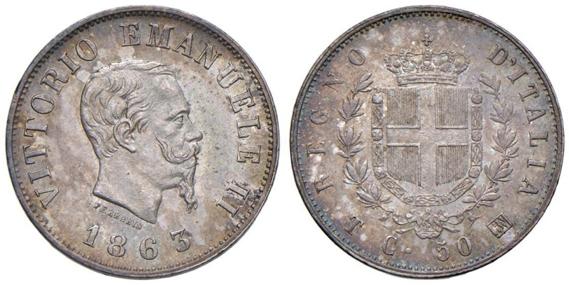 Vittorio Emanuele II (1861-1878) 50 Centesimi 1863 T stemma - Nomisma 927 AG NC...