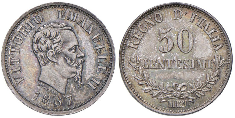 Vittorio Emanuele II (1861-1878) 50 Centesimi 1867 M valore - Nomisma 929 AG Bel...