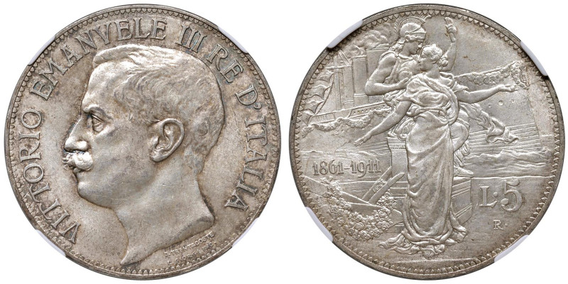 Vittorio Emanuele III (1900-1946) 5 Lire 1911 - Nomisma 1129 AG R In slab NGC n°...