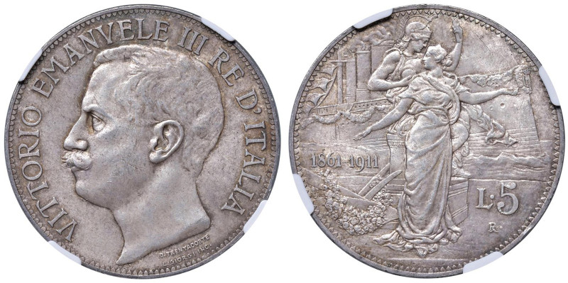 Vittorio Emanuele III (1900-1946) 5 Lire 1911 - Nomisma 1129 AG R In slab NGC n°...