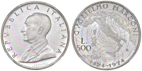 ITALIA Repubblica monetazione in lire (1946-2001) 500 Lire 1974 Guglielmo Marconi 100° anniversario Error Edge - Gig. 416 AG In slab NGC n° 6646533-01...