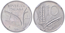 ITALIA Repubblica monetazione in lire (1946-2001) 10 Lire 1951 prova - Gig. P14 AL RRR In slab NGC n° 5790657-013.