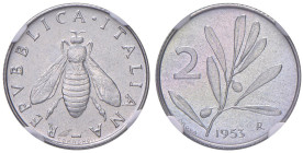 ITALIA Repubblica monetazione in lire (1946-2001) 2 Lire 1953 prova  - Gig. P18 AL RRR In slab NGC n° 6633537-011.