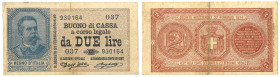 Umberto I (1878-1900) 2 Lire serie 037 Decreto 21/09/1894 - Gig. BS 6B RRR Taglietto lungo la piega verticale.