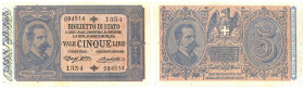 Vittorio Emanuele III (1900-1946) 5 Lire (effige Umberto I) Decreto 04/09/1901 - Gig. BS 11A RRR Piccolo taglietto.