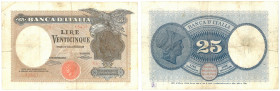 Vittorio Emanuele III (1900-1946) 25 Lire Aquila Latina Decreto 22/01/1919 - Gig. BI 1C RRR Taglietti e timbro.
