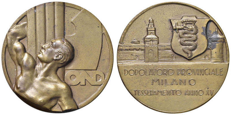 ITALIA Medaglia An. XV E. F. (1937) Dopolavoro Provinciale Milano. OND Tesserame...