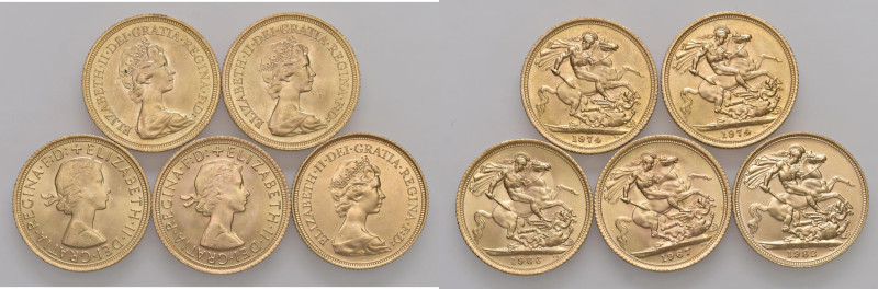 REGNO UNITO Elisabetta II (1952-2022) Lotto di 5 Sterline in oro 1966, 1967, 197...