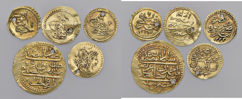 WORLD COINS Lotto di 5 monete d'oro: Turchia 4 monete da un quarto di Altin, Tun...