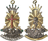 Napoleone Bonaparte (1804-1814) Primo impero. Insegna massonica per cavaliere Rosa-croce. AG dorato e pietre di diverso colore (g 47,81 - 97x55 mm). A...