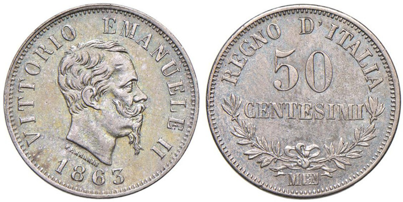 Vittorio Emanuele II (1861-1878) 50 Centesimi 1863 M valore - Nomisma 925 AG 
...