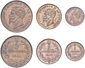 Vittorio Emanuele II (1861-1878) Lotto di 3 monete da 5, 2 e un Centesimo 1861 M - Nomisma 954, 959, 964 CU