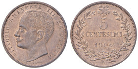 Vittorio Emanuele III (1900-1946) 5 Centesimi 1904 - Nomisma 1338 CU (g 5,01) RRRRR In merito a questa moneta il Gigante scrive: "I modelli sono stati...