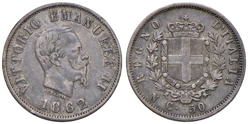 Vittorio Emanuele II (1861-1878) 50 Centesimi 1862 N stemma - Nomisma 922 AG RR...