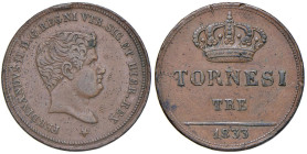NAPOLI Ferdinando II di Borbone (1830-1859) 3 Tornesi 1833 - Nomisma 1177 CU (g 9,43) RR Colpetti al bordo.
