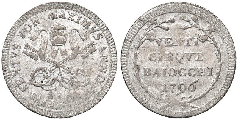 Pio VI (1775-1799) 25 Baiocchi 1796 An. XXII - Munt. 70a MI (g 7,08) R Debolezze...