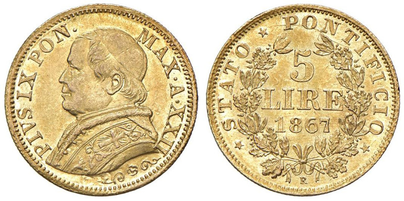 Pio IX (1846-1878) 5 Lire 1867 An. XXII - Munt. 44a AU (g 1,61) RR

Status: SP...