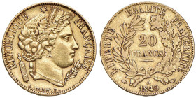 FRANCIA Seconda repubblica (1848-1852) 20 Franchi 1849 A - Gad. 1059 AU (g 6,43)