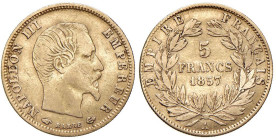 FRANCIA Napoleone III (1852-1870) 5 Franchi 1857 A - Gad. 1001 AU (g 1,53) Tondello lievemente ondulato.