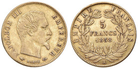 FRANCIA Napoleone III (1852-1870) 5 Franchi 1858 A - Gad. 1001 AU (g 1,56)