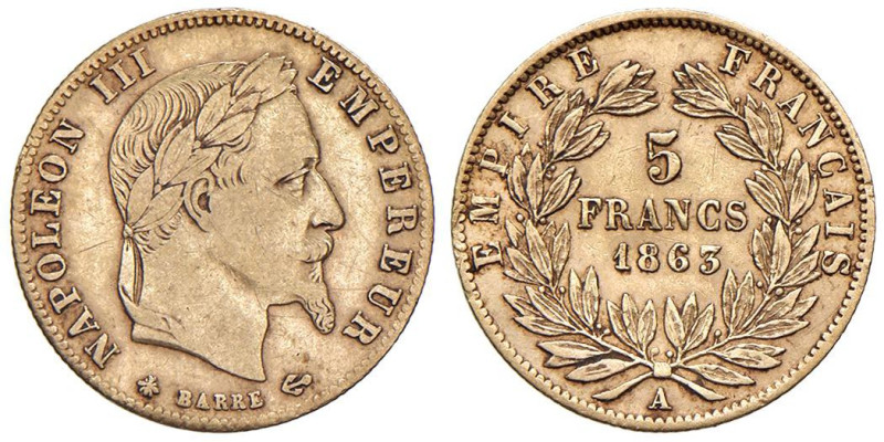 FRANCIA Napoleone III (1852-1870) 5 Franchi 1863 A - Gad. 1002 AU (g 1,60) 

S...