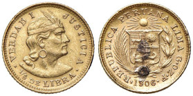 PERÙ Quinto di libra 1906 - KM 210 AU (g 1,59) Da montatura.