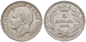 SERBIA Milan Obrenović IV principe (1868-1882) 5 Dinara 1879 - KM 12 AG (g 24,94)