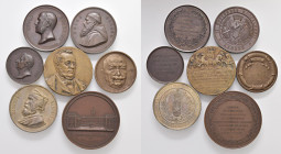 Lotto di 7 medaglie italiane di celebri personaggi del XIX e XX secolo in bronzo e stagno (1) Garibaldi, Metastasio, Bombrini, Monaco, Cavour e altri ...