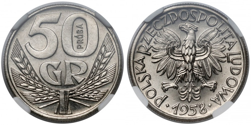 Próba NIKIEL 50 groszy 1958 - wieniec Jedna z trzech niezrealizowanych, próbnych...