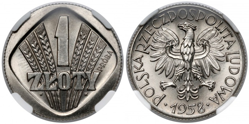 Próba NIKIEL 1 złoty 1958 - kłosy Piękna próbna złotówka projektu Wacława. Kowal...