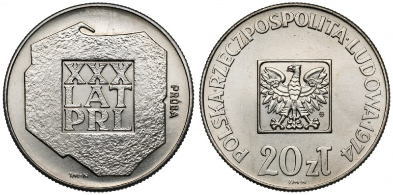 Próba NIKIEL 20 złotych 1974 XXX lat PRL Reference: Parchimowicz P.298.a
Grade:...