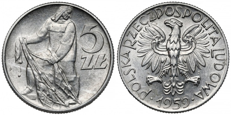 Rybak 5 złotych 1959 Wariant z płytko wybitym sznurem. 
Reference: Parchimowicz...