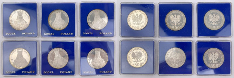 SREBRO 500 złotych 1988 Jadwiga - zestaw (6szt)