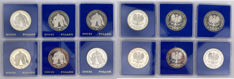 SREBRO 500 złotych 1987 Olimpiada Hokej - zestaw (6szt)