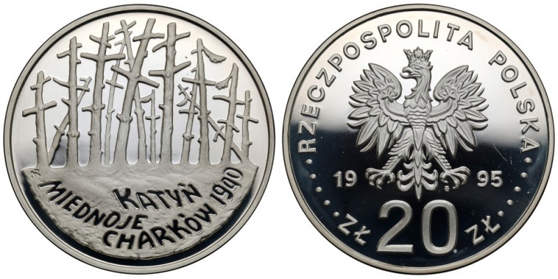 20 złotych 1995 Katyń Mennicze z pojedynczą ryską na awersie. 

Grade: Proof/P...